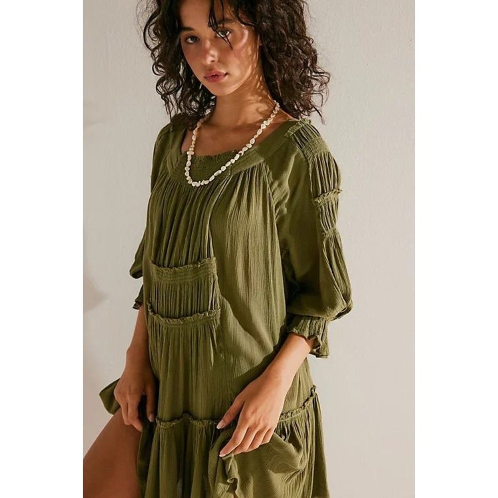 Free People Sea Ya There Mini Dress Olive Green Smocked Tiered Boho Size S